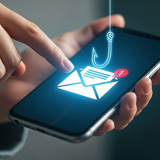 Beware-of-Business-feature - Phone with an email symbol on the screen and a fishing hook above it indicating that the email is a phishing scam.