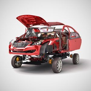 Disparate-Treatment-feature - View of a red car that has been expanded outward to show all the inner parts.